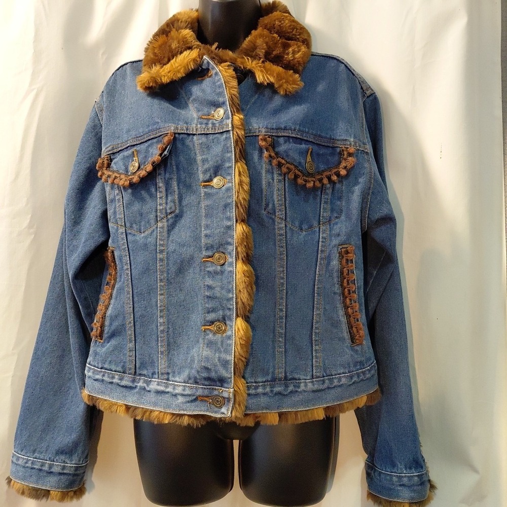Vintage Y2K Tasha Polizzi Faux Fur Trim Denim Trucker  Jacket Sz X Large‎